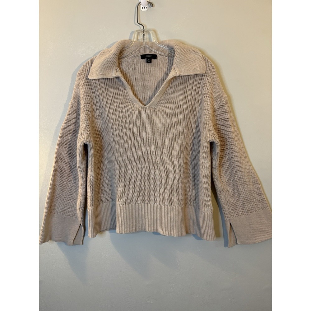 J CREW Beige Cotton Relaxed Collared Sweater M Beach Fisherman